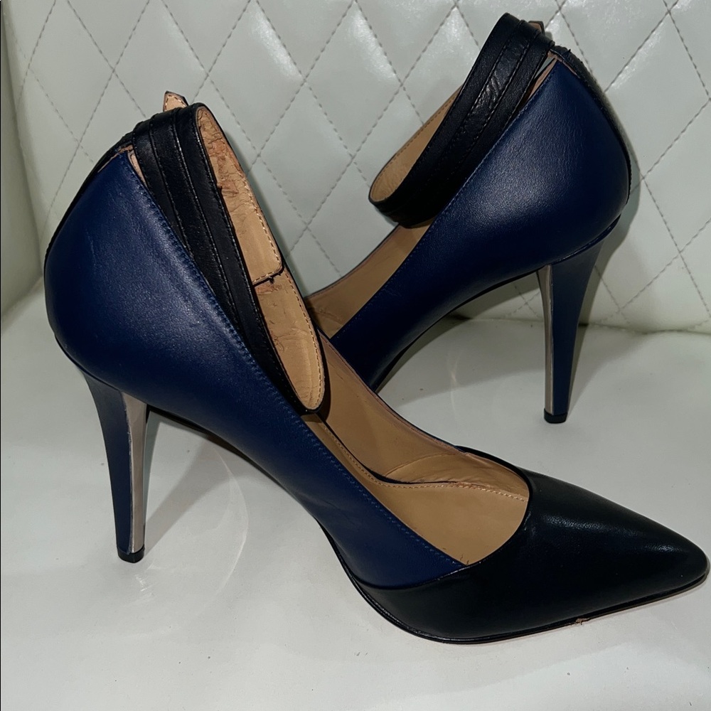 Coach Harbor Leather Pointed-Toe Ankle Strap Stiletto Pumps in Black and Navy.